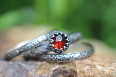Garnet Ring * Solid Sterling Silver* Set of 3 Rings * Vines Floral Full Moon Patterns * Natural Almandine Garnet *  Any Size - image3